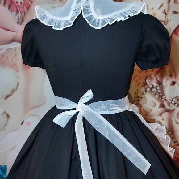 "Domestique" Black Cotton Maid Dress with Sheer Apron - Picture 7 of 12